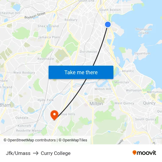 Jfk/Umass to Curry College map
