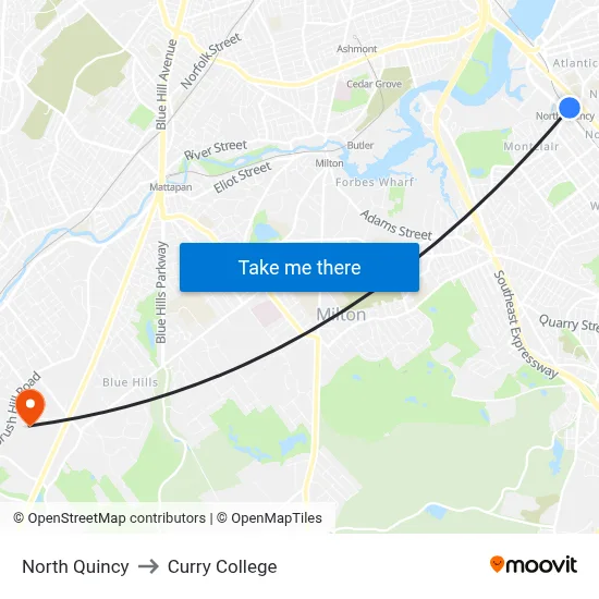 North Quincy to Curry College map