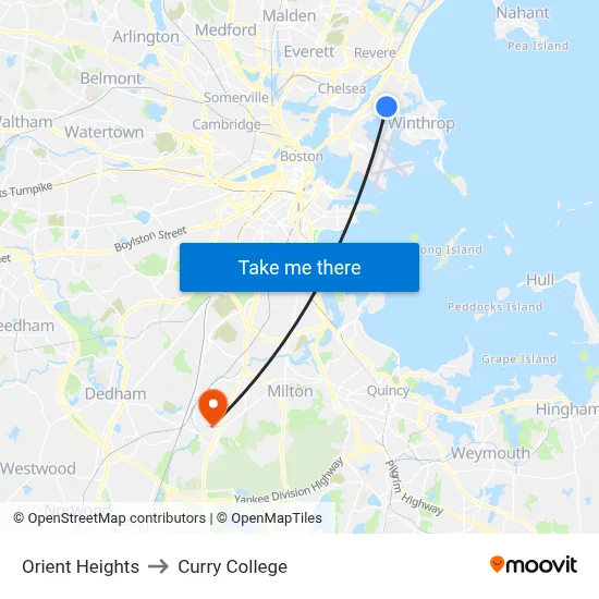 Orient Heights to Curry College map