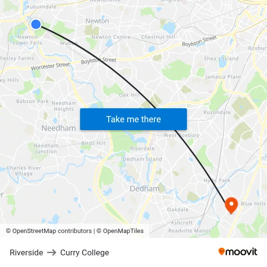 Riverside to Curry College map