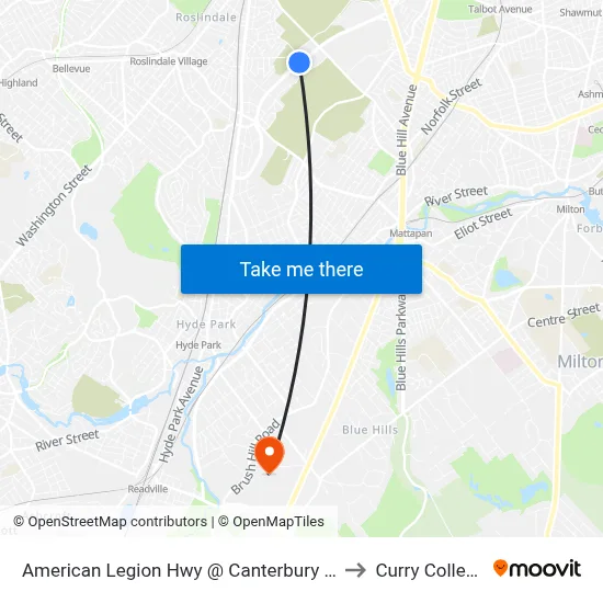 American Legion Hwy @ Canterbury St to Curry College map