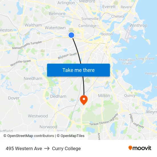 495 Western Ave to Curry College map