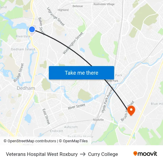 Veterans Hospital West Roxbury to Curry College map
