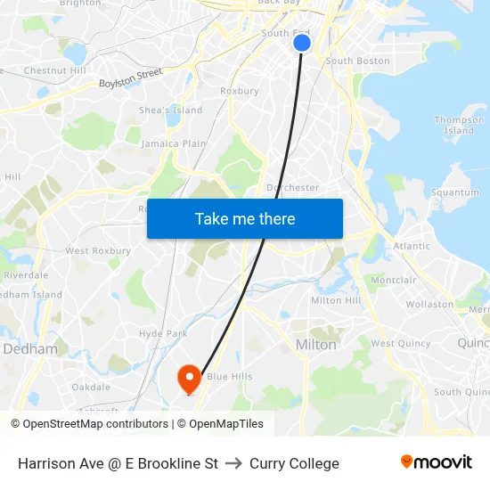 Harrison Ave @ E Brookline St to Curry College map