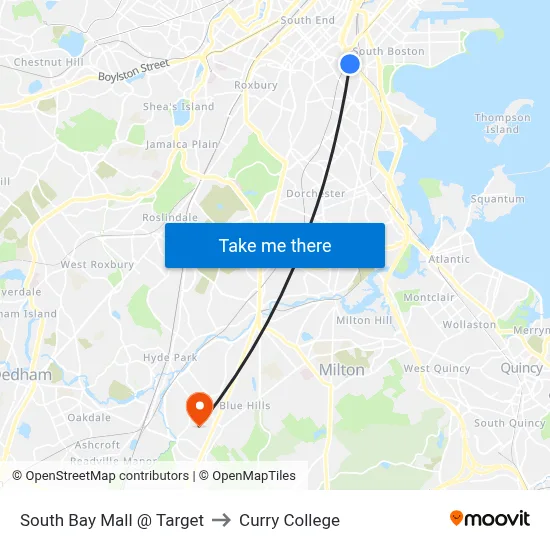 South Bay Mall @ Target to Curry College map