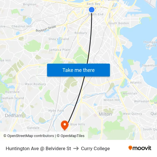 Huntington Ave @ Belvidere St to Curry College map