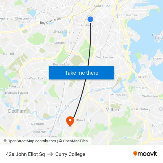 42a John Eliot Sq to Curry College map