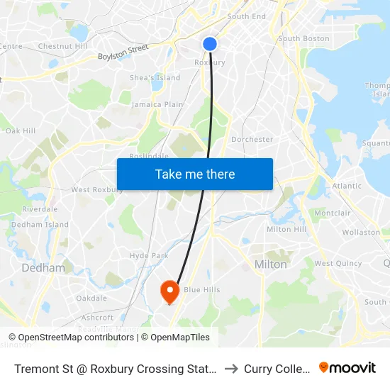 Tremont St @ Roxbury Crossing Station to Curry College map