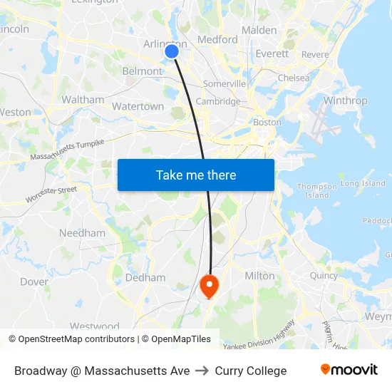 Broadway @ Massachusetts Ave to Curry College map