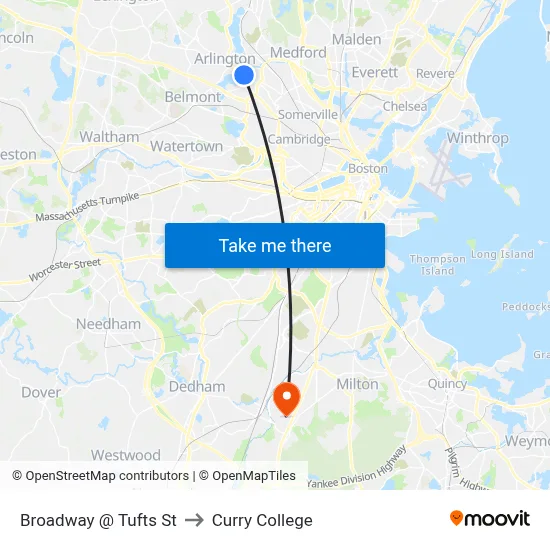 Broadway @ Tufts St to Curry College map