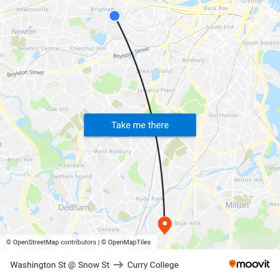 Washington St @ Snow St to Curry College map