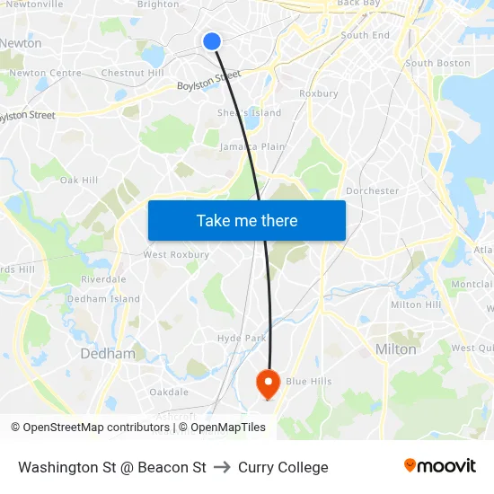 Washington St @ Beacon St to Curry College map