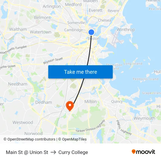 Main St @ Union St to Curry College map