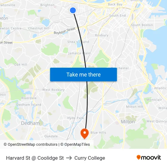Harvard St @ Coolidge St to Curry College map