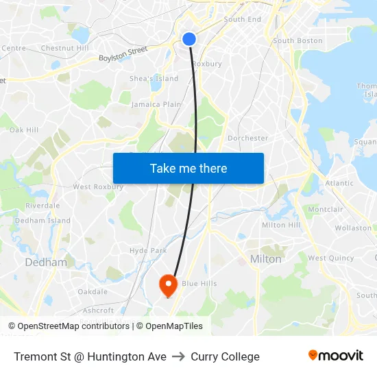 Tremont St @ Huntington Ave to Curry College map