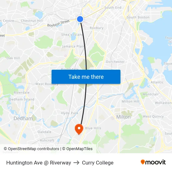 Huntington Ave @ Riverway to Curry College map