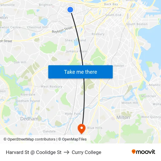 Harvard St @ Coolidge St to Curry College map