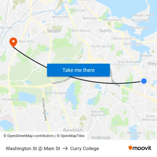 Washington St @ Main St to Curry College map