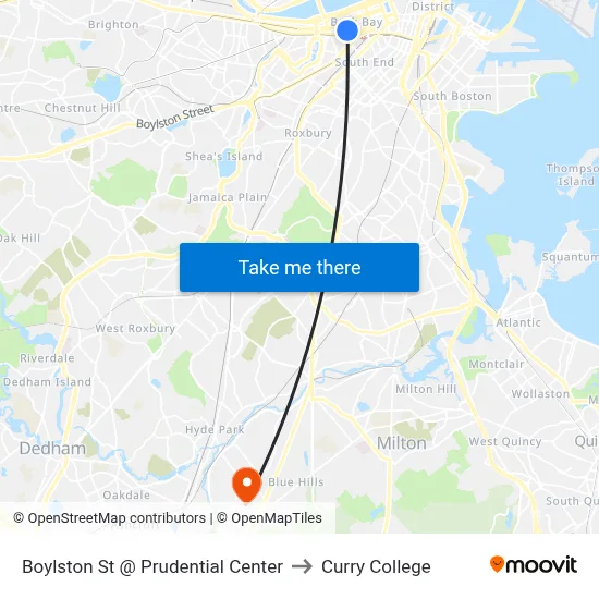 Boylston St @ Prudential Center to Curry College map