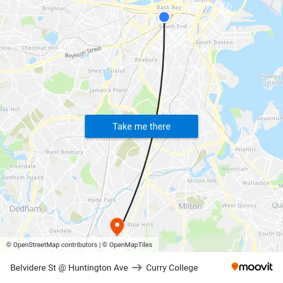 Belvidere St @ Huntington Ave to Curry College map