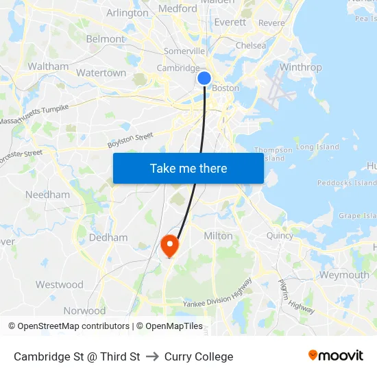 Cambridge St @ Third St to Curry College map