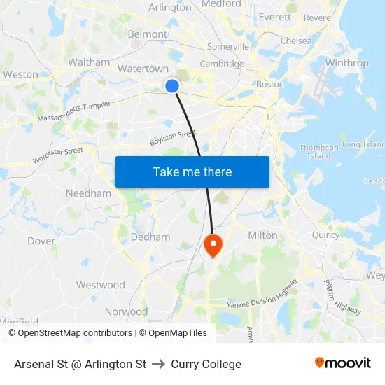 Arsenal St @ Arlington St to Curry College map