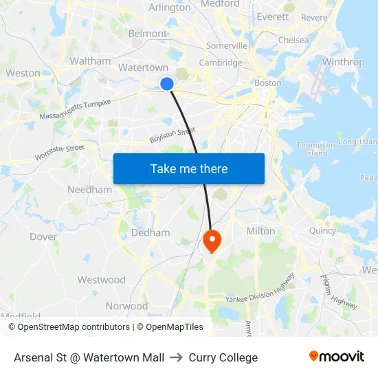 Arsenal St @ Watertown Mall to Curry College map