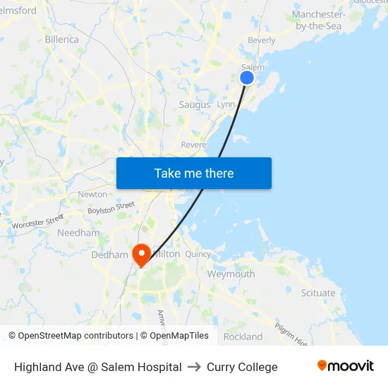Highland Ave @ Salem Hospital to Curry College map