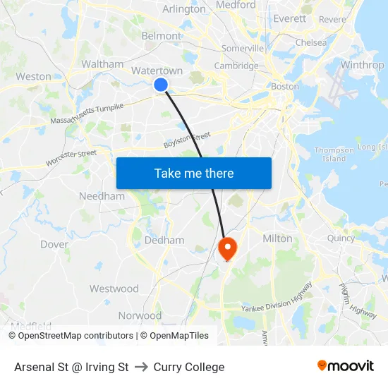 Arsenal St @ Irving St to Curry College map
