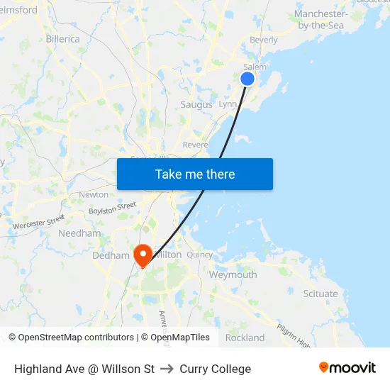 Highland Ave @ Willson St to Curry College map