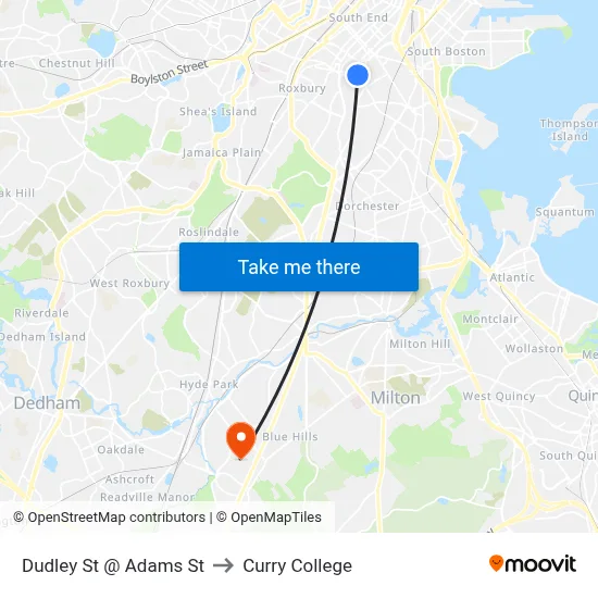 Dudley St @ Adams St to Curry College map