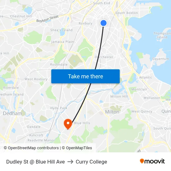 Dudley St @ Blue Hill Ave to Curry College map