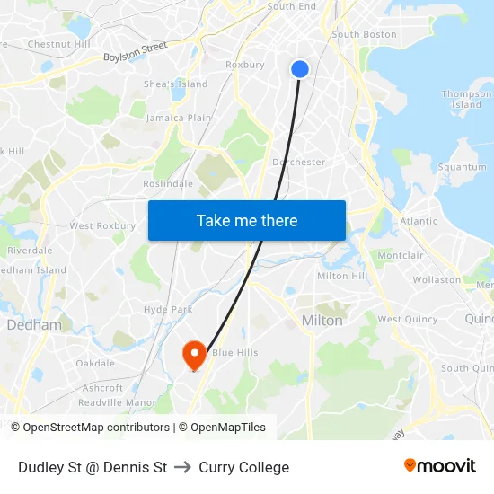 Dudley St @ Dennis St to Curry College map