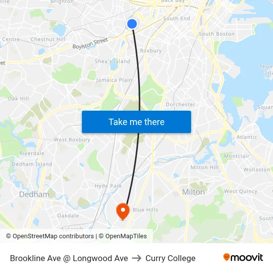 Brookline Ave @ Longwood Ave to Curry College map