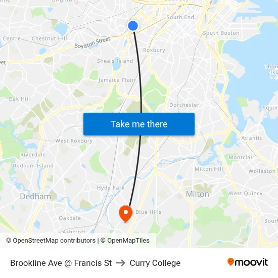 Brookline Ave @ Francis St to Curry College map