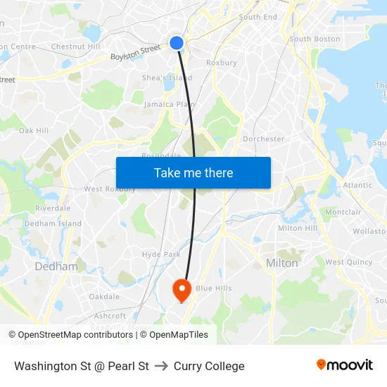 Washington St @ Pearl St to Curry College map