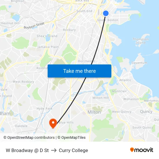 W Broadway @ D St to Curry College map