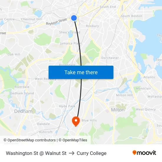 Washington St @ Walnut St to Curry College map