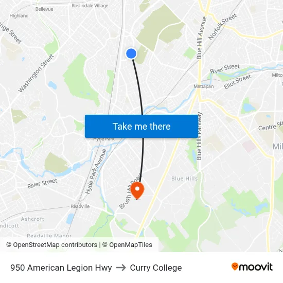 950 American Legion Hwy to Curry College map