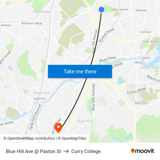Blue Hill Ave @ Paxton St to Curry College map