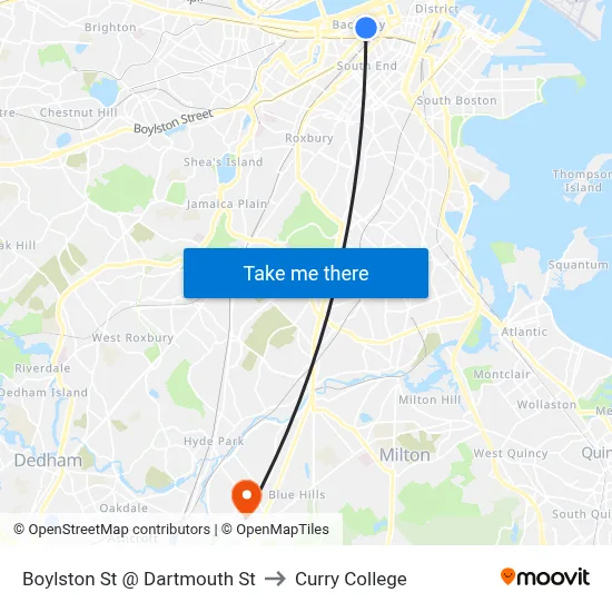 Boylston St @ Dartmouth St to Curry College map