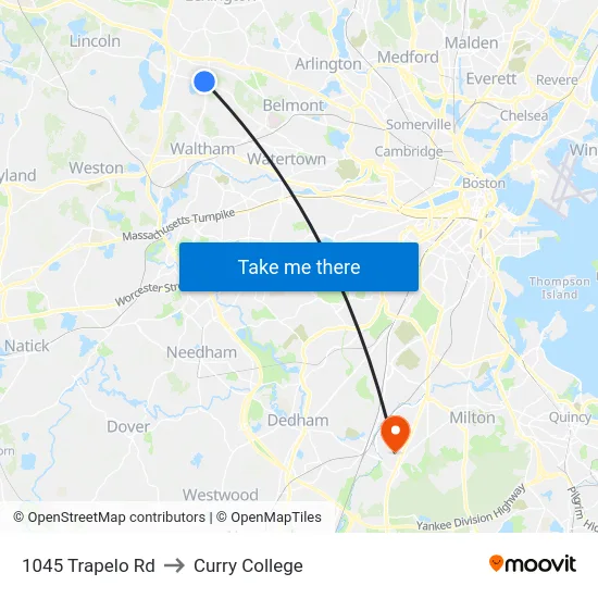 1045 Trapelo Rd to Curry College map