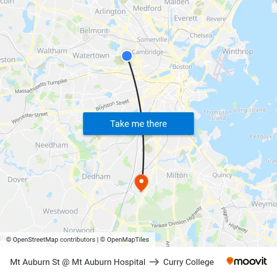 Mt Auburn St @ Mt Auburn Hospital to Curry College map