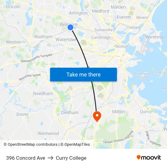 396 Concord Ave to Curry College map