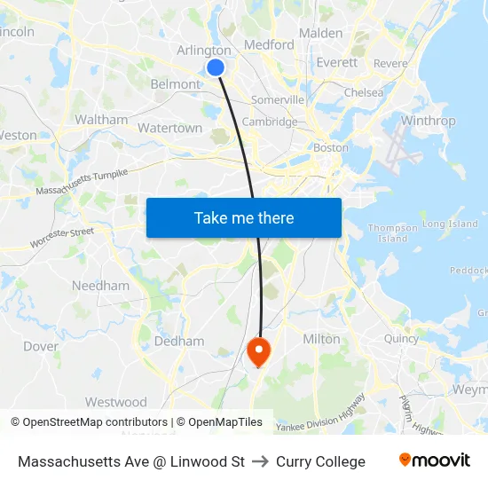 Massachusetts Ave @ Linwood St to Curry College map