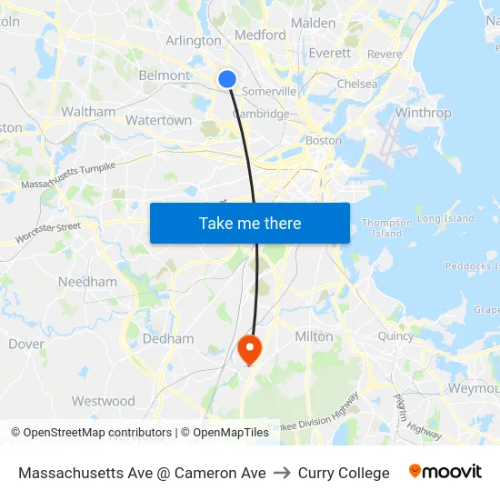 Massachusetts Ave @ Cameron Ave to Curry College map