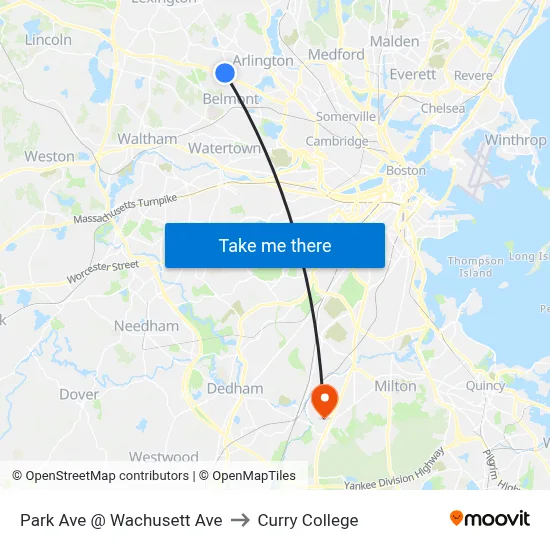 Park Ave @ Wachusett Ave to Curry College map