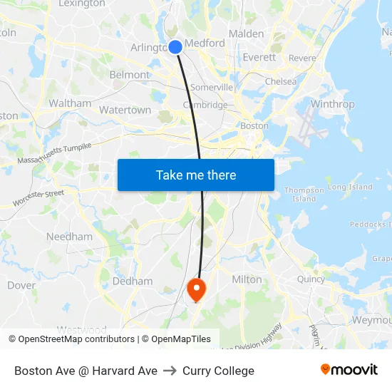 Boston Ave @ Harvard Ave to Curry College map