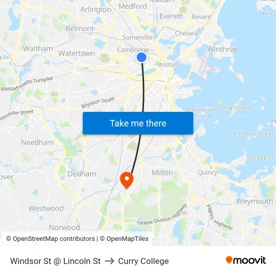 Windsor St @ Lincoln St to Curry College map
