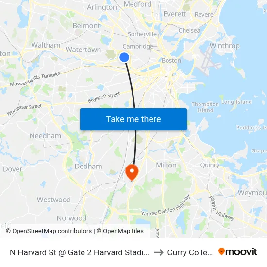 N Harvard St @ Gate 2 Harvard Stadium to Curry College map